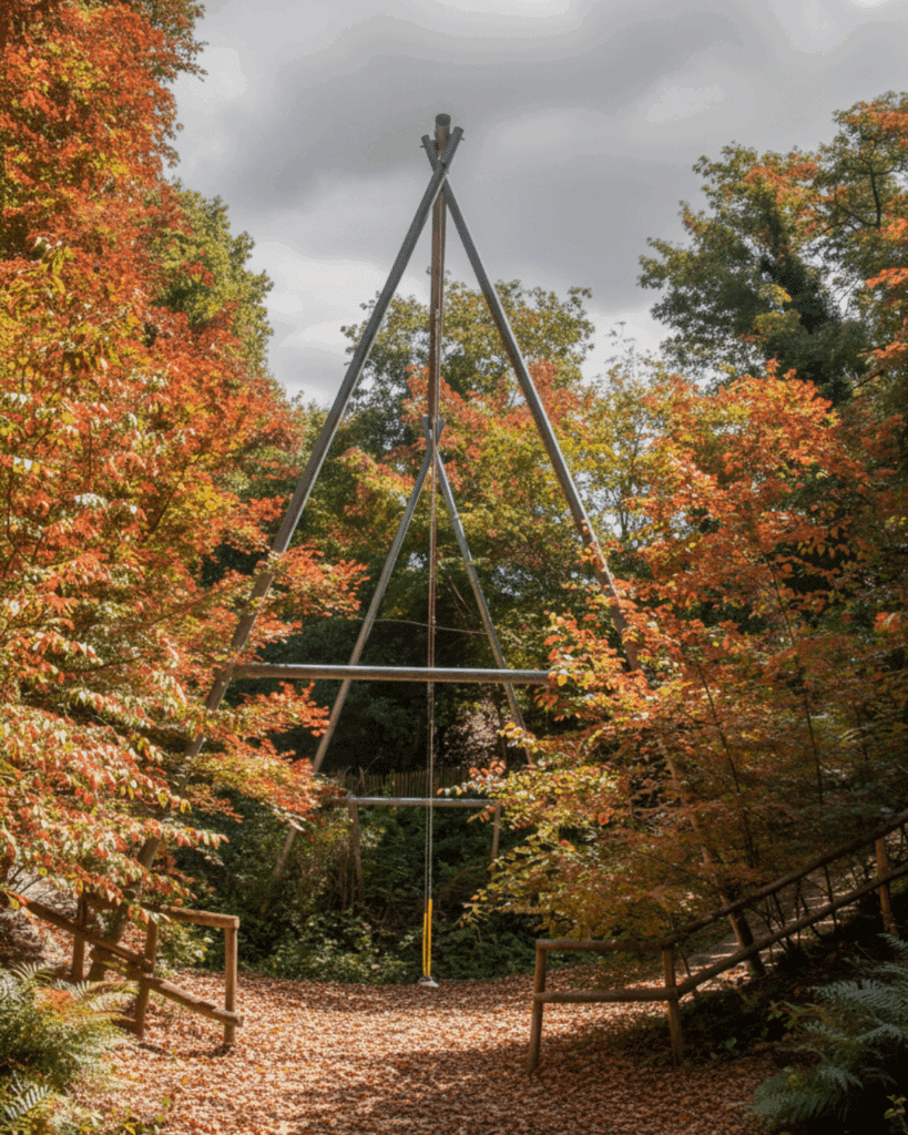 Hoogste schommel van Nederland bij SKZ, omringt door herfstige bomen.